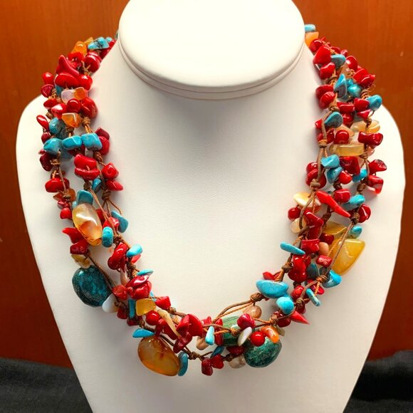 Handmade Southwestern Style Beaded 3 Strand Necklace Turquoise Coral Agate J839